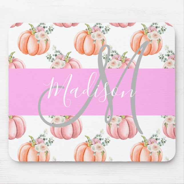 Chic Floral White Pink Peach Pumpkin Monogram Name Mouse Mat (Front)