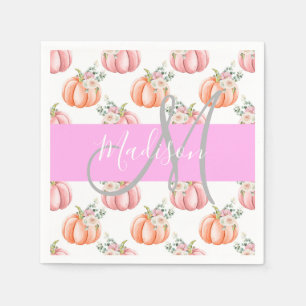Chic Floral White Pink Peach Pumpkin Monogram Name Napkin