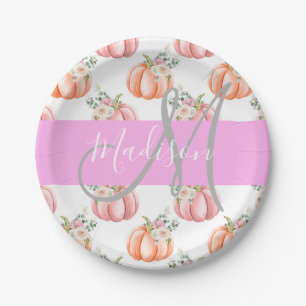 Chic Floral White Pink Peach Pumpkin Monogram Name Paper Plate