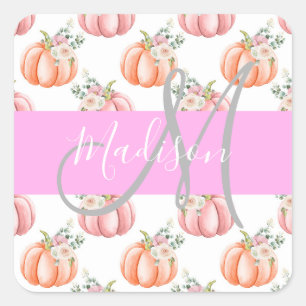 Chic Floral White Pink Peach Pumpkin Monogram Name Square Sticker