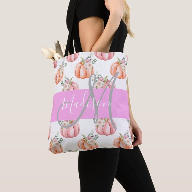 Chic Floral White Pink Peach Pumpkin Monogram Name Tote Bag (Close Up)