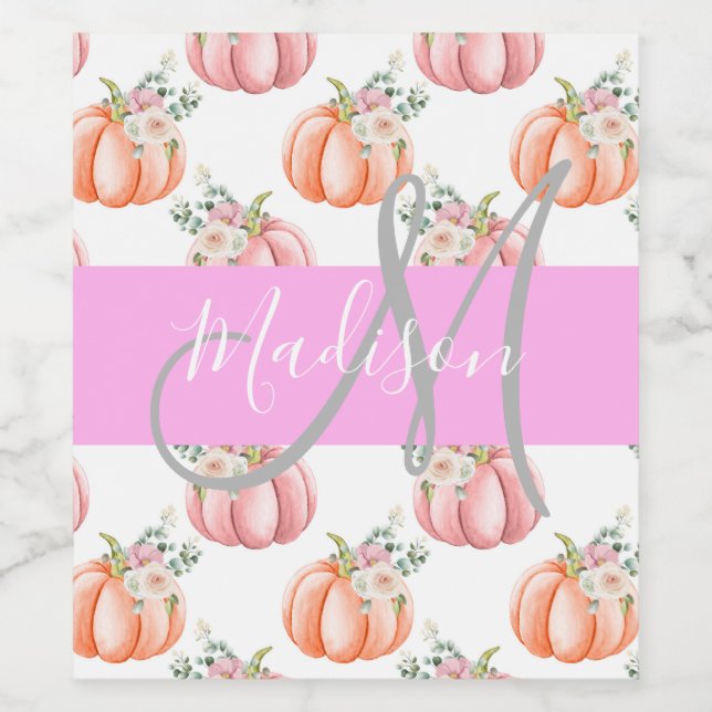 Chic Floral White Pink Peach Pumpkin Monogram Name Wine Label (Single Label)