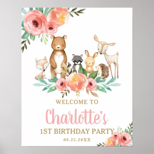 Chic Floral Woodland Animals 1st Birthday Welcome Poster (Front)