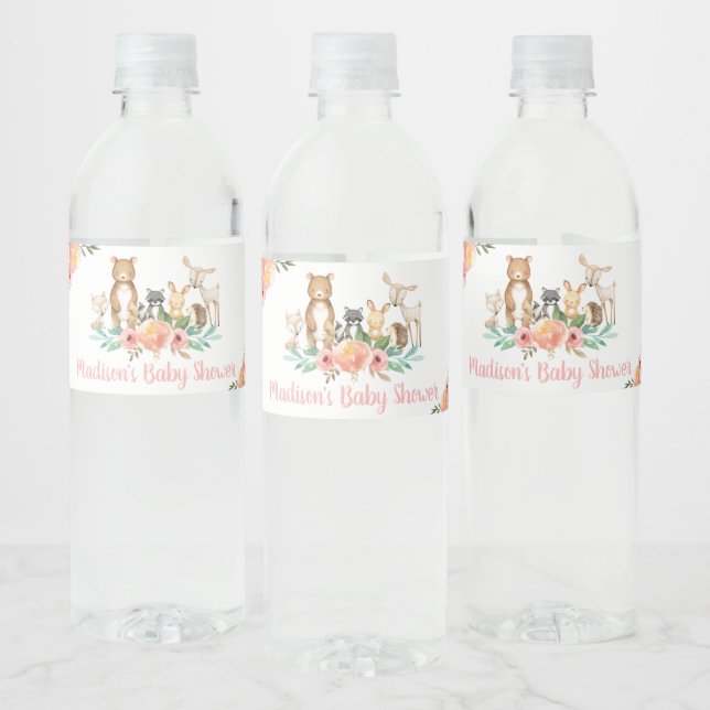 Chic Floral Woodland Animals Baby Shower Birthday Water Bottle Label (Bottles)