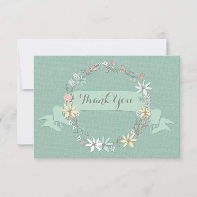 Chic Floral Wreath Banner Thank You Card (Front)
