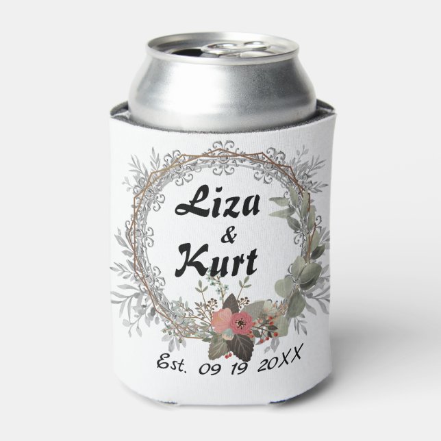 Chic Floral Wreath Personalised Wedding  Can Cooler (Can Front)