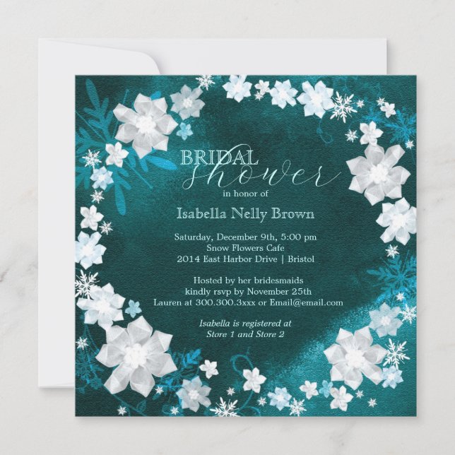 Chic Floral Wreath Teal Winter Bridal Shower Invitation (Front)