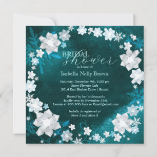 Chic Floral Wreath Teal Winter Bridal Shower Invitation