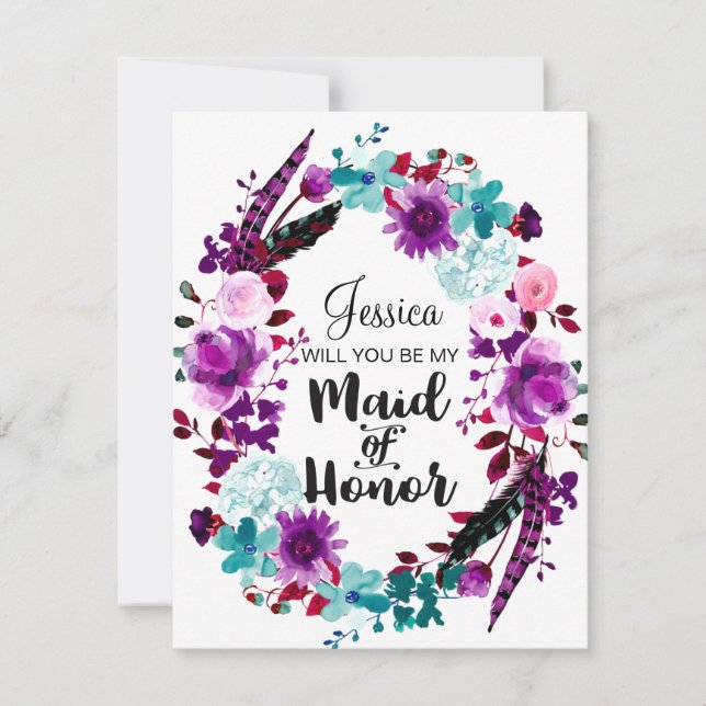 Chic Floral Wreath Will You Be My Maid of Honour Invitation (Front)