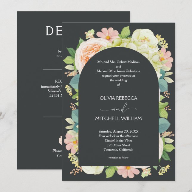 Chic Florals Dark Wedding All in One Invites (Front/Back)