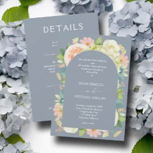 Chic Florals Wedding All in One Dusty Blue Invitation