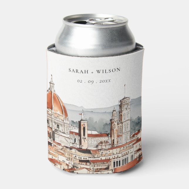 Chic Florence Cathedral Italy Watercolor Wedding Can Cooler (Can Front)
