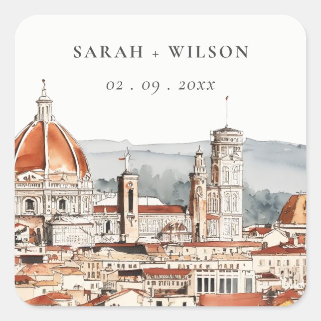 Chic Florence Cathedral Italy Watercolor Wedding Square Sticker (Front)