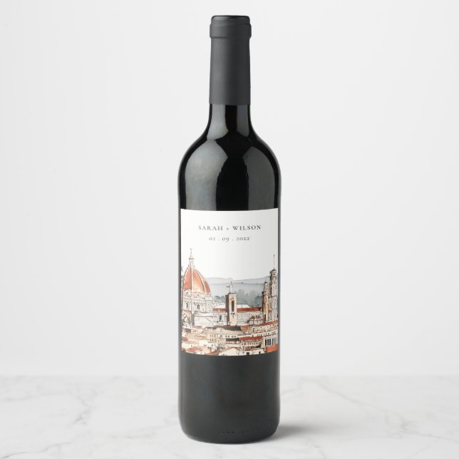 Chic Florence Cathedral Italy Watercolor Wedding Wine Label (Front)