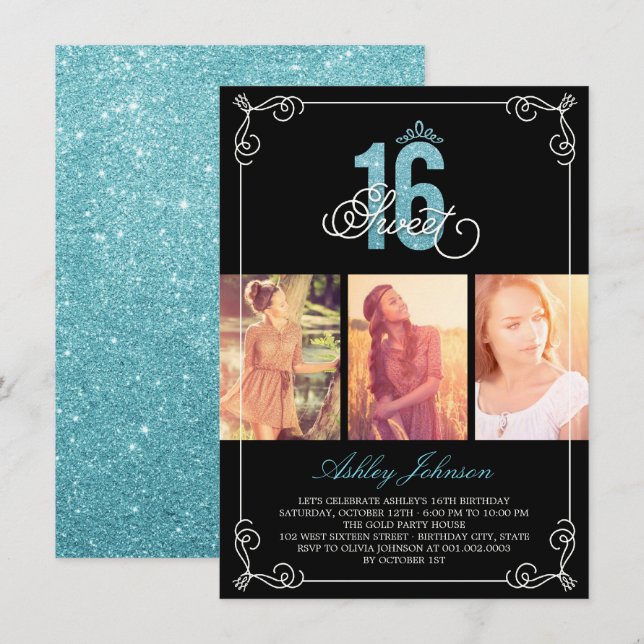 Chic Flourish Glam Sweet 16 Photo Birthday Party Invitation (Front/Back)