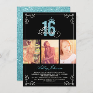 Chic Flourish Glam Sweet 16 Photo Birthday Party Invitation