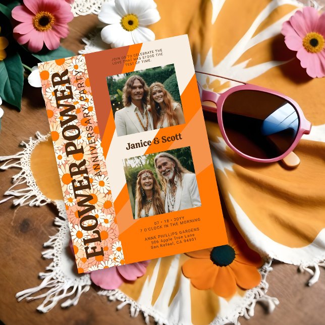 Chic Flower Power Pop 2 Photos Then & Now Wedding  Invitation (Chic Flower Power Pop 2 Photos Then & Now Wedding Anniversary Invitation Card. )