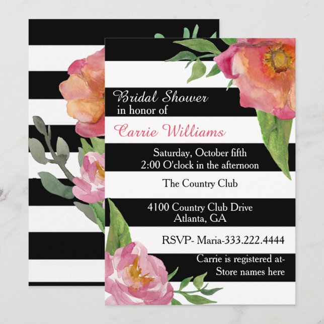 Chic Flowers and Stripes Bridal Shower Invitation (Front/Back)