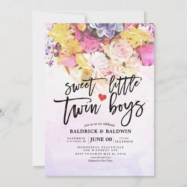 Chic Flowers Baby Shower Sweet Little Twin Boys Invitation (Front)