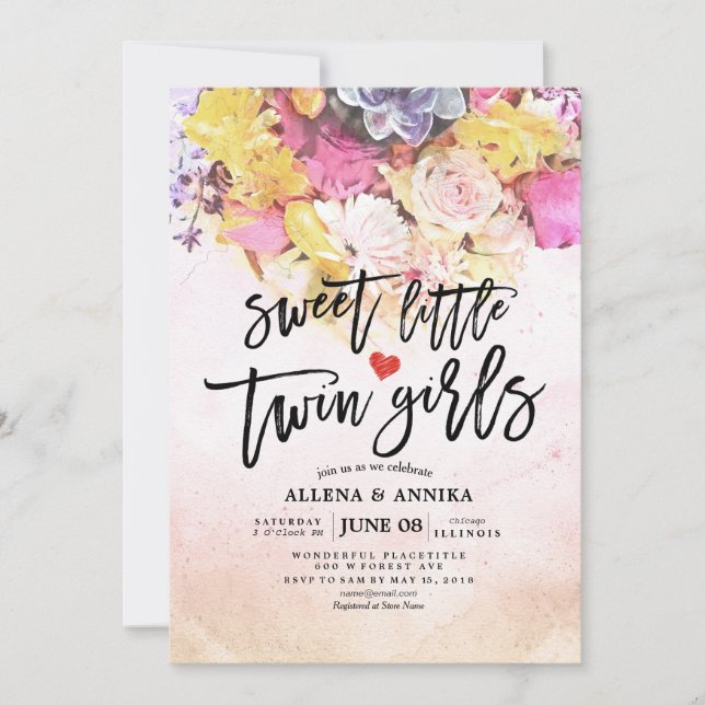 Chic Flowers Baby Shower Sweet Little Twin Girls Invitation (Front)