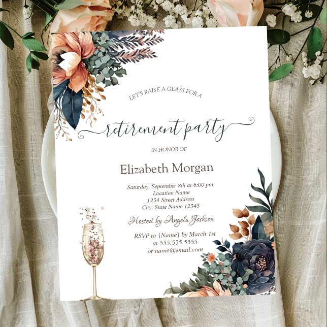 Chic Flowers,Champagne Glass Retirement Invitation (Creator Uploaded)