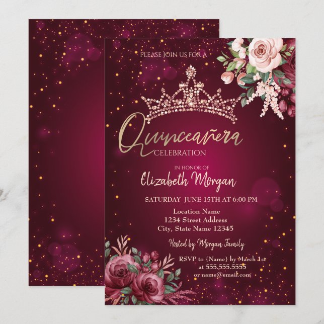 Chic Flowers Crown Red Quinceañera   Invitation (Front/Back)