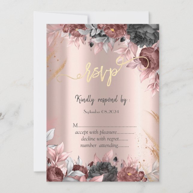 Chic Flowers Dark Roses Rose Gold RSVP   Invitation (Front)