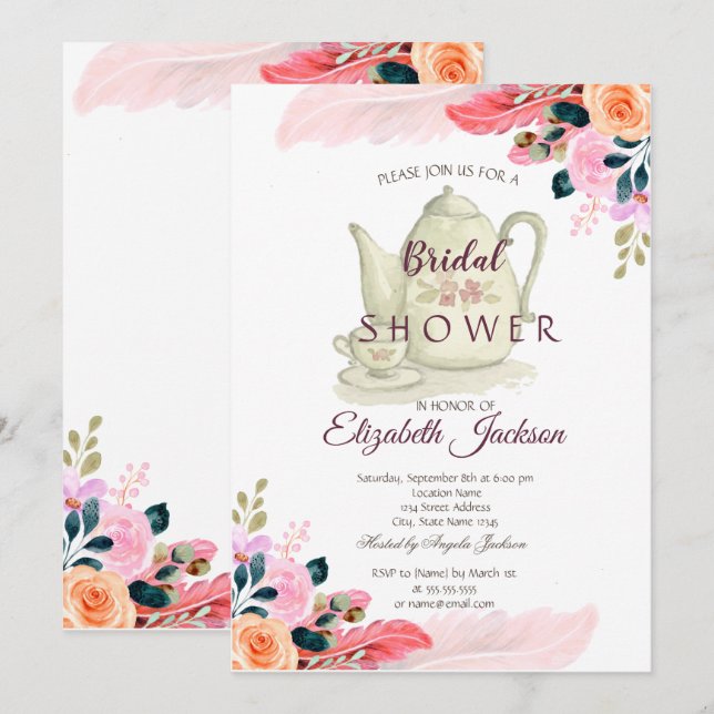 Chic Flowers Feather Teapot Bridal Shower Invitation (Front/Back)