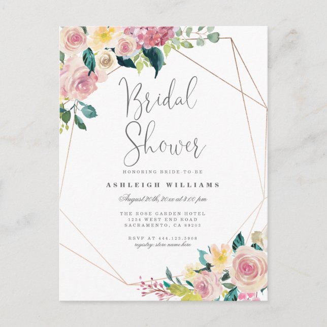 Chic Flowers Greenery Gold Geometric Bridal Shower Invitation Postcard (Front)