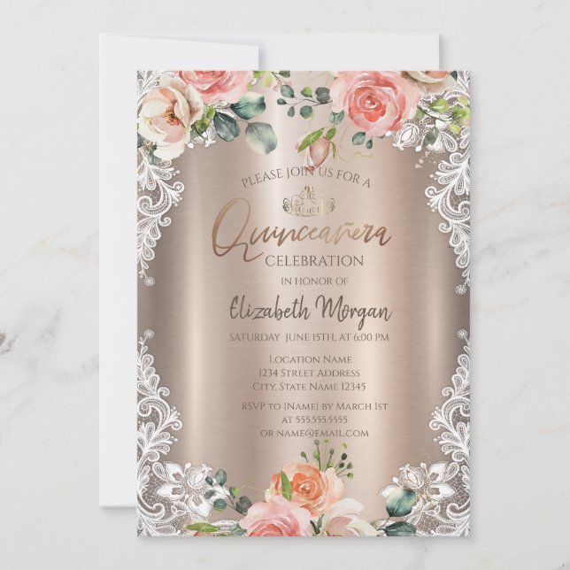 Chic Flowers,Lace,Tiara Quinceañera  Invitation (Front)