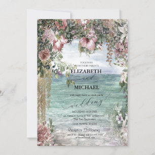 Chic Flowers Ocean Script Wedding Invitation