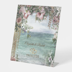 Chic Flowers Ocean Wedding Pedestal Sign