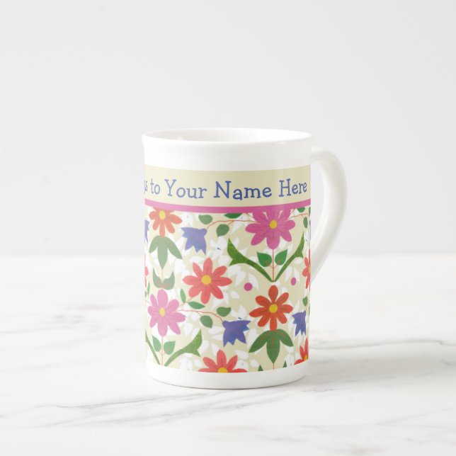 Chic Flowers, Polka Dots on Ecru Bone China Mug (Front Right)