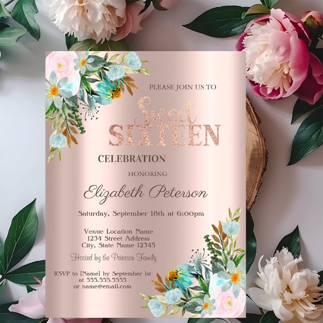 Chic Flowers Rose Gold  Sweet 16  Invitation (Creator Uploaded)