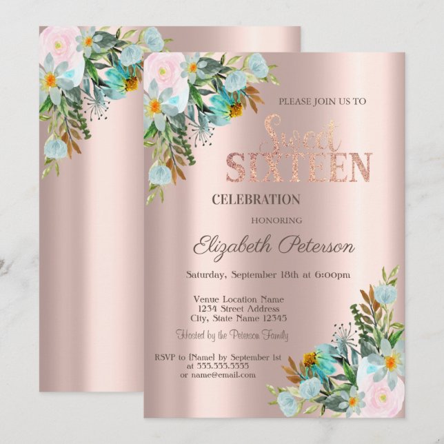 Chic Flowers Rose Gold  Sweet 16  Invitation (Front/Back)