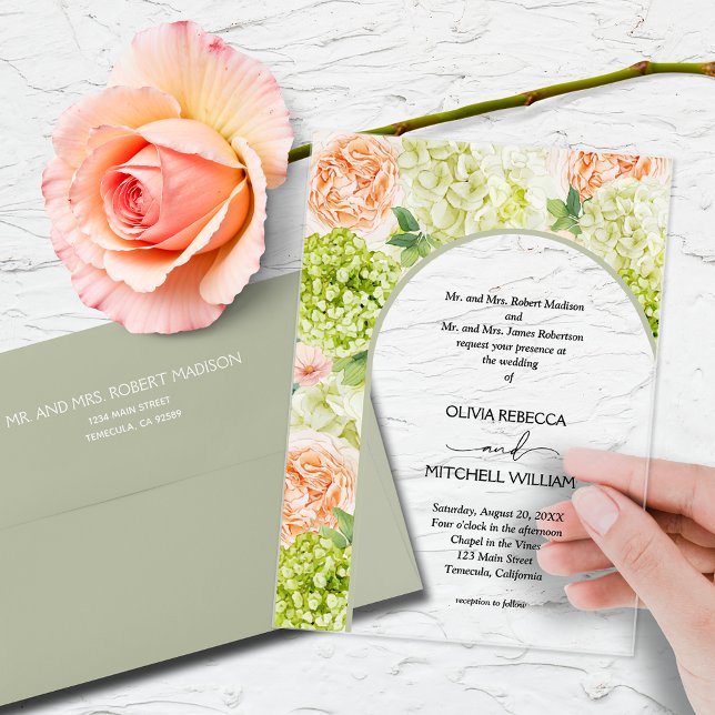Chic Flowers Sage Green Arch Wedding Acrylic Invitations (Watercolor flowers with a sage green arch on CLEAR or FROSTED acrylic wedding invitations)