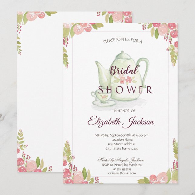 Chic Flowers Teapot Bridal Shower Invitation (Front/Back)