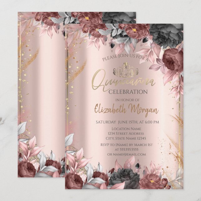 Chic Flowers Tiara,Diamonds Rose Gold Quinceañera  Invitation (Front/Back)