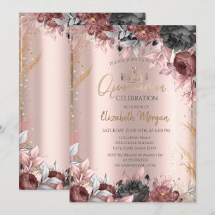 Chic Flowers Tiara,Diamonds Rose Gold Quinceañera  Invitation