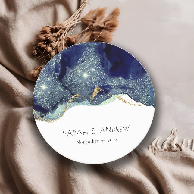 Chic Fluid Abstract Ink Gold Navy Glitter Wedding Round Paper Coaster (Creator Uploaded)