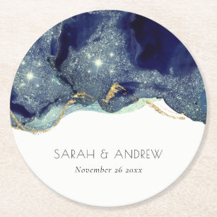 Chic Fluid Abstract Ink Gold Navy Glitter Wedding Round Paper Coaster