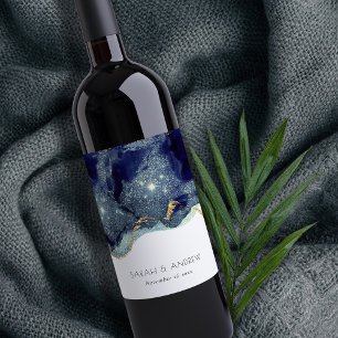 Chic Fluid Abstract Ink Gold Navy Glitter Wedding  Wine Label