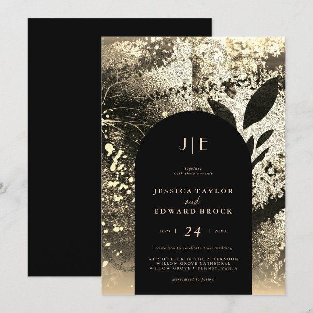 Chic Foil Faux Gold Botanical Abstract Wedding Invitation (Front/Back)