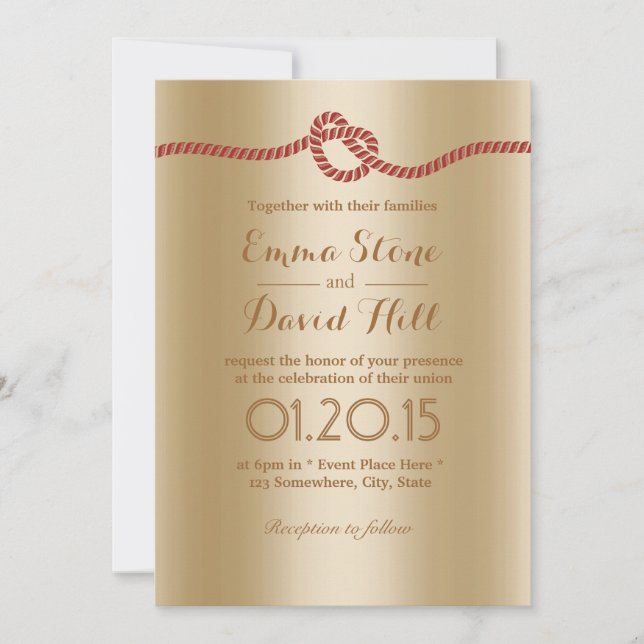 Chic Foil Gold Red Rope Knot Wedding Invitations (Front)