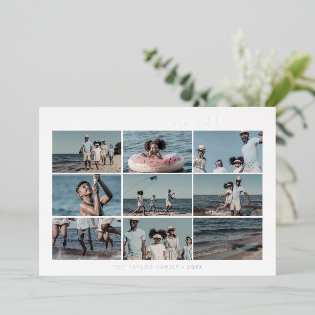 Chic Foil What a Year 10 Photo Collage Christmas Foil Holiday Card (Standing Front)
