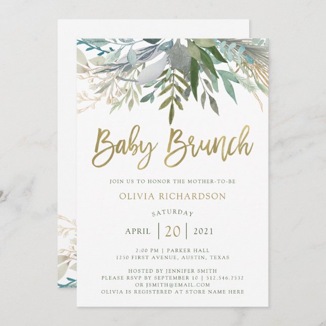 Chic Foliage | Baby Brunch with Faux Gold Script Invitation (Front/Back)