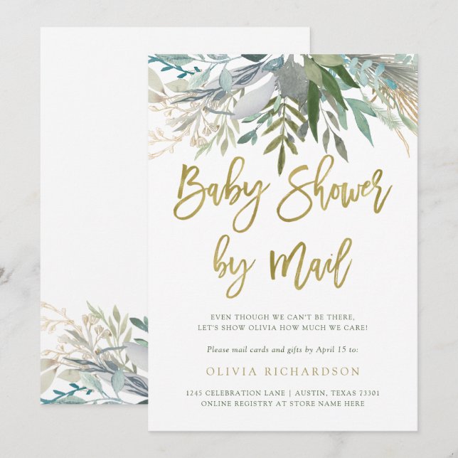 Chic Foliage | Baby Shower by Mail Gold Script Invitation (Front/Back)