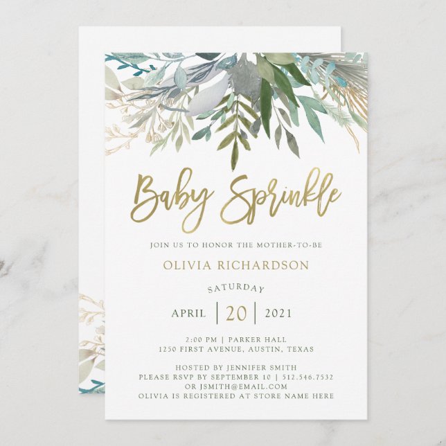 Chic Foliage | Baby Sprinkle with Faux Gold Script Invitation (Front/Back)