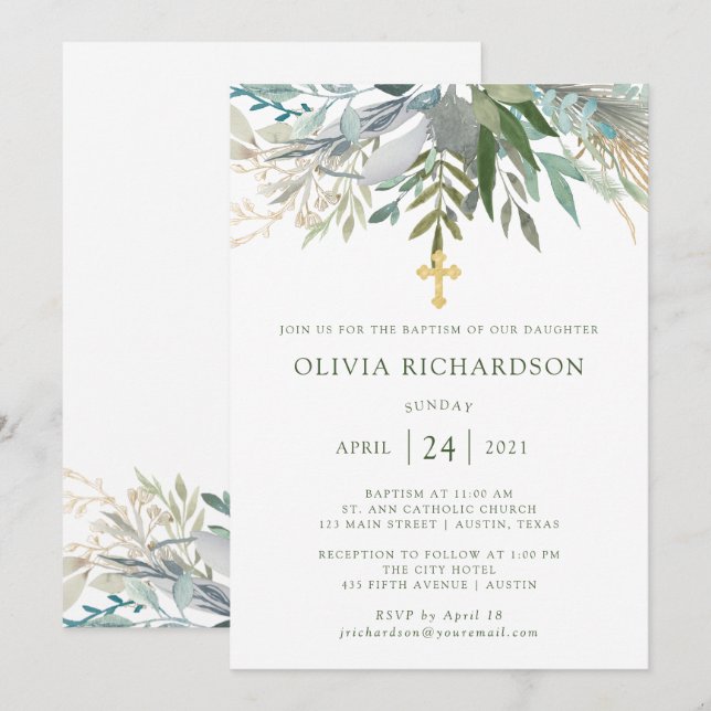 Chic Foliage | Baptism with Gold Cross Invitation (Front/Back)