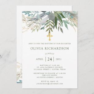 Chic Foliage   Baptism with Gold Cross Invitation